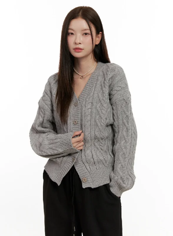 Buttoned V-Neck Cable Knit Sweater ON422