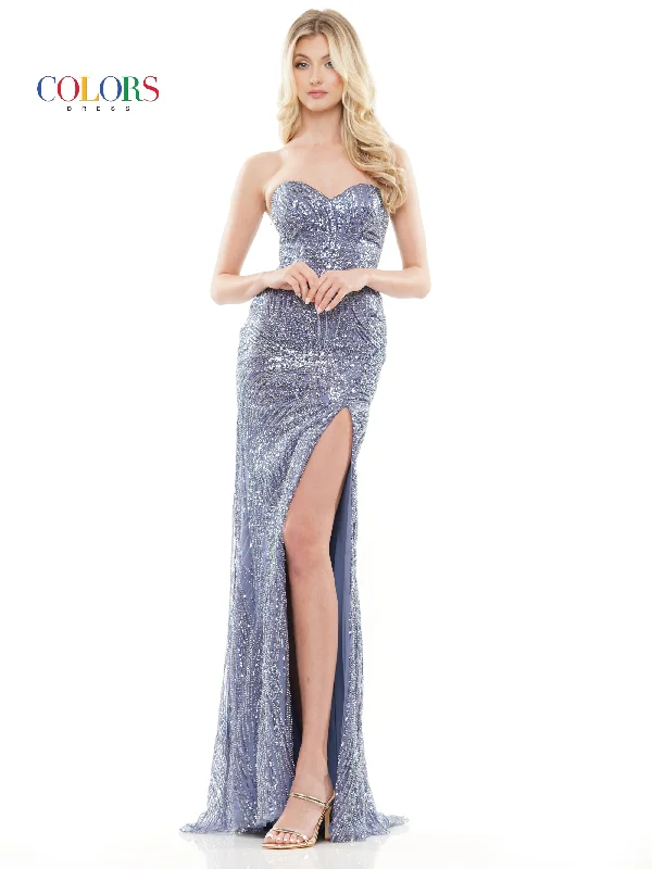 Colors 3142 Long Strapless Beaded Mesh Slit Prom Dress