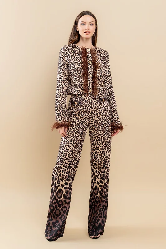 Animal Ombre Print Feather Trim Jacket Pant Set