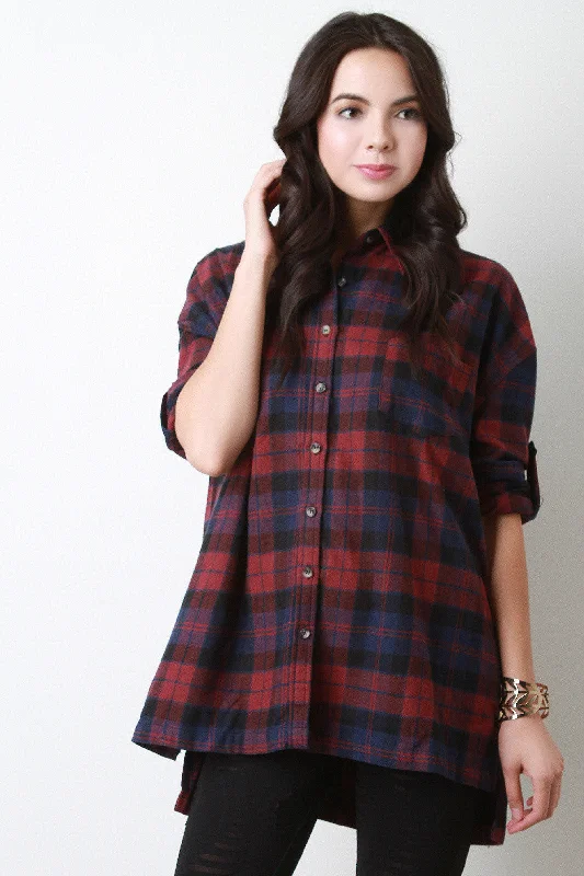 Oversized Boxy Plaid Long Sleeves Button Up Shirt