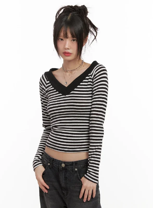 Striped V-Neck Cropped Sweater CJ506