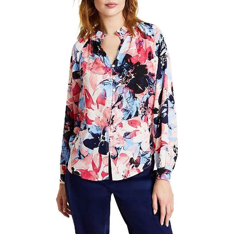 Womens Ruffled Long Sleeves Button-Down Top