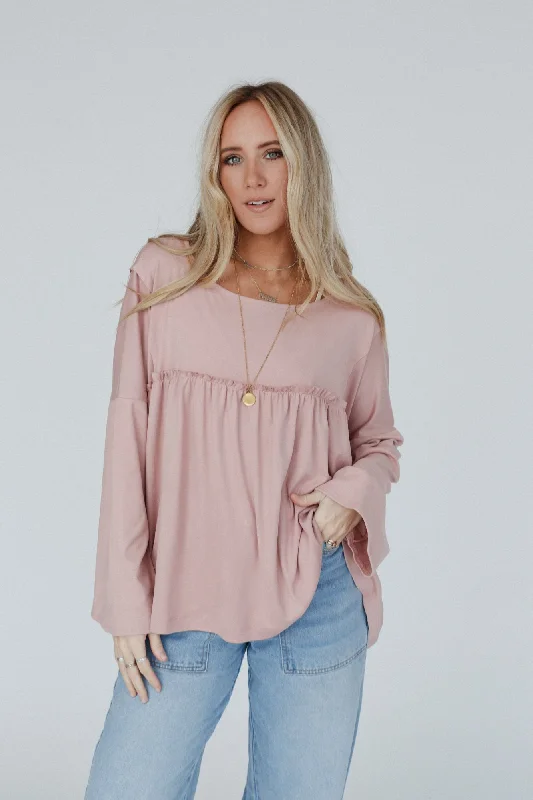 The Nest Solid Serenity Long Sleeve Babydoll Top - Mauve Dusty