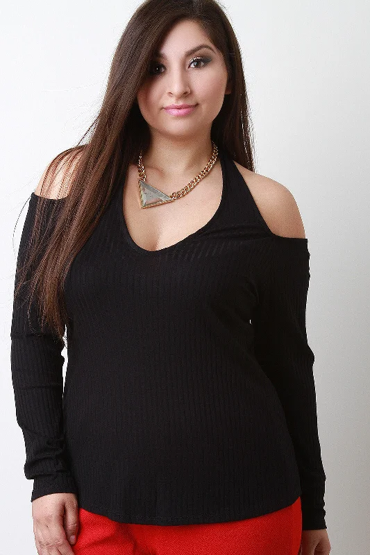 Ribbed Knit Halter Neck Cold Shoulder Long Sleeves Top