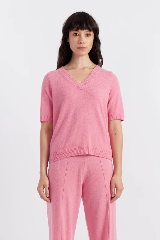 Pink Wool-Cashmere V-Neck T-shirt