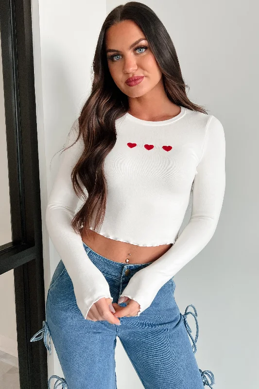 Too Cutesy Embroidered Hearts Long Sleeve Top (White)