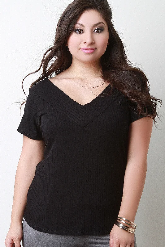 Ribbed Knit V-Neck Short Sleeves Top