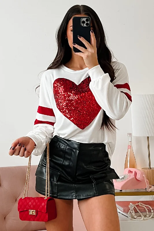 Lots Of Love Sequin Heart Varsity Long Sleeve Top (Ivory)