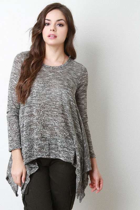 Marled Knit Sharkbite Hem Long Sleeves Top