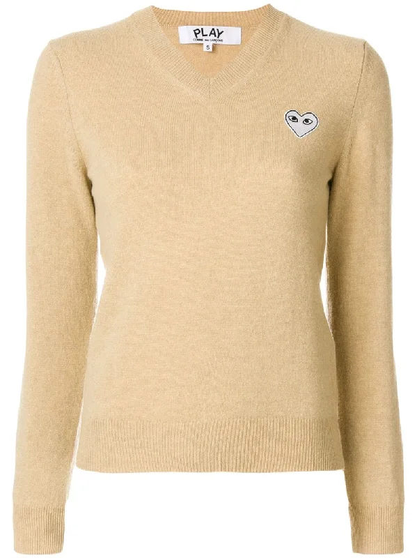 Womens V-Neck Pullover White Heart - Light Camel