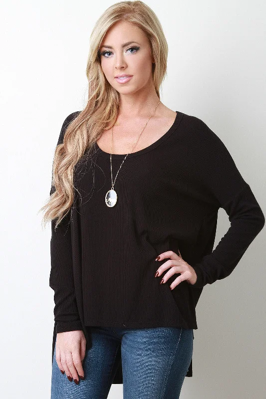 Rib Knit High-Low Long Sleeve Top