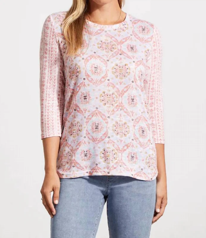 3/4 Sleeve Crew Neck Top In Pinkdust