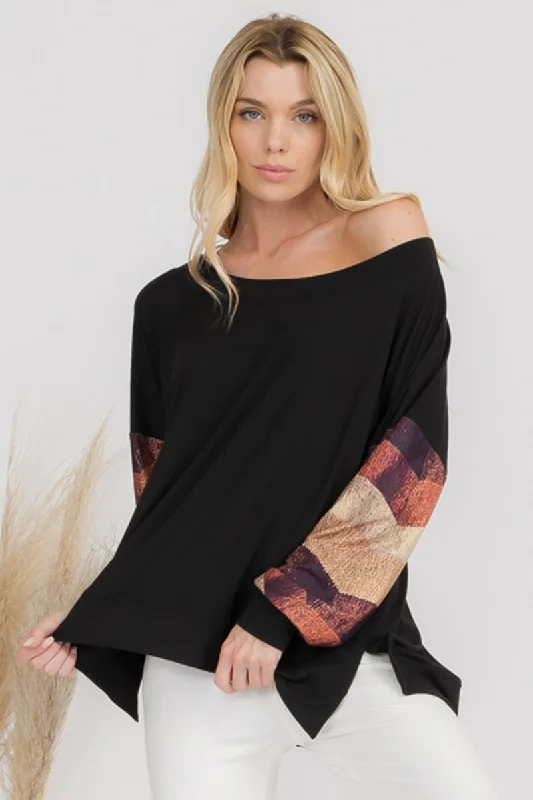 Knit Printed Boatneck Long Sleeve Top