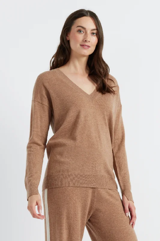 Camel Wool-Cashmere Two Tone V-Neck Sweater