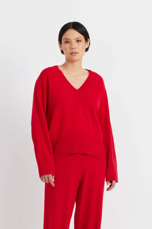 Velvet-Red Wool-Cashmere V-Neck Sweater