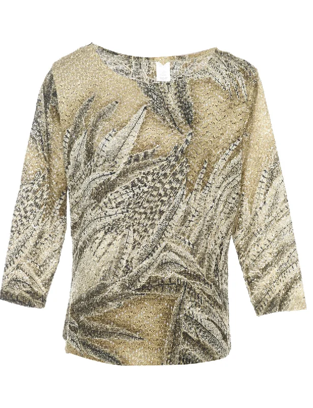 Leafy Print Olive Green & Beige Sparkly Metallic Top - L