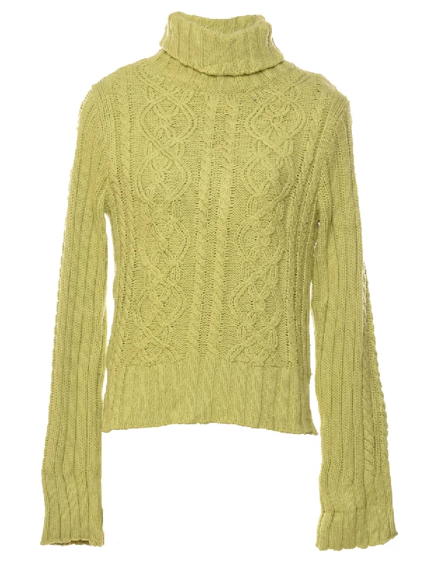 Lime Green Cable Knit Turtleneck Jumper - L