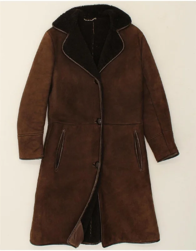 VINTAGE Womens Shearling Coat UK 8 Small Brown