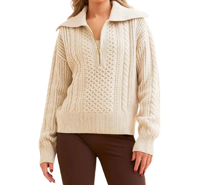 Camello Relaxed Cable Half Zip Sweater In Parchment