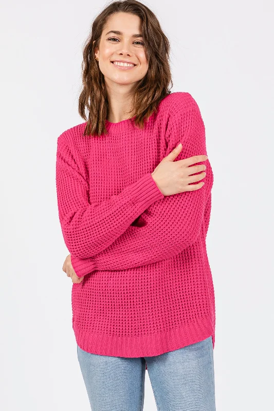 Fuchsia Waffle Knit Round Hem Sweater