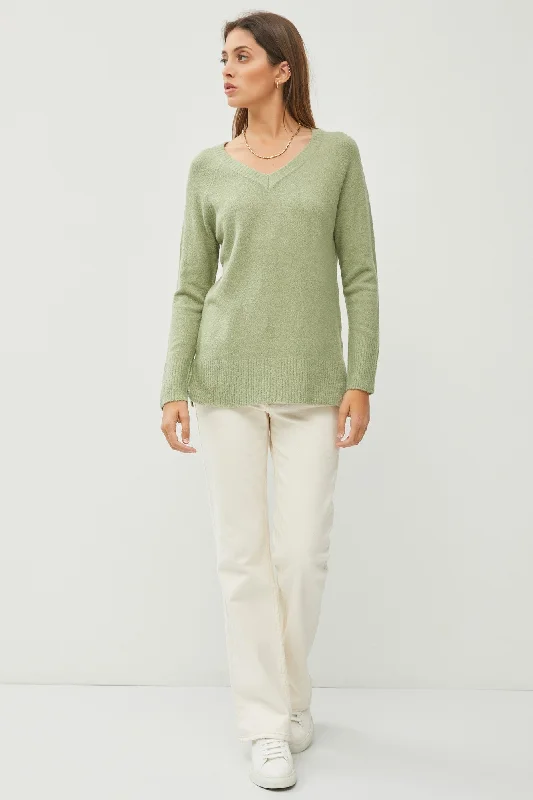 Light Olive V-Neck Basic Sweater