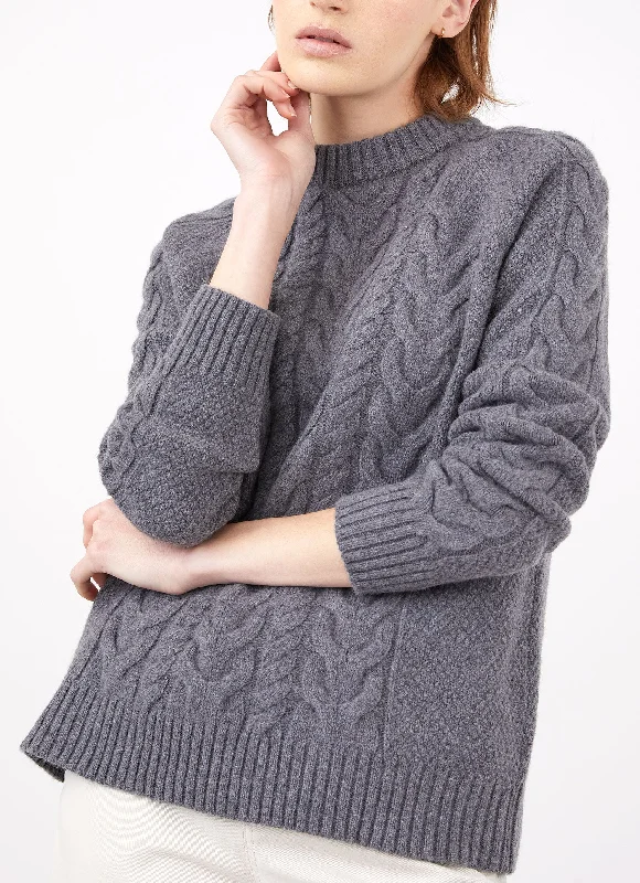 Women's Cable Crew Neck Jumper in Mid Grey Melange