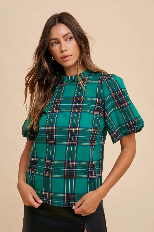 Green Combo Plaid Ruffle Mock Neck Bubble Sleeve Blouse