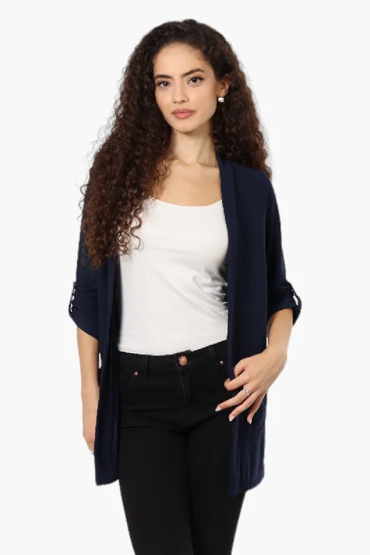 International INC Company Roll Up Sleeve Open Wrap Cardigan - Navy