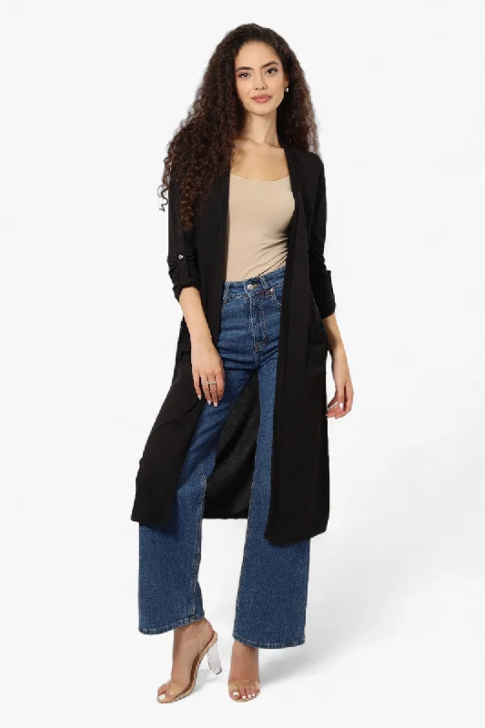 International INC Company Roll Up Sleeve Duster Cardigan - Black