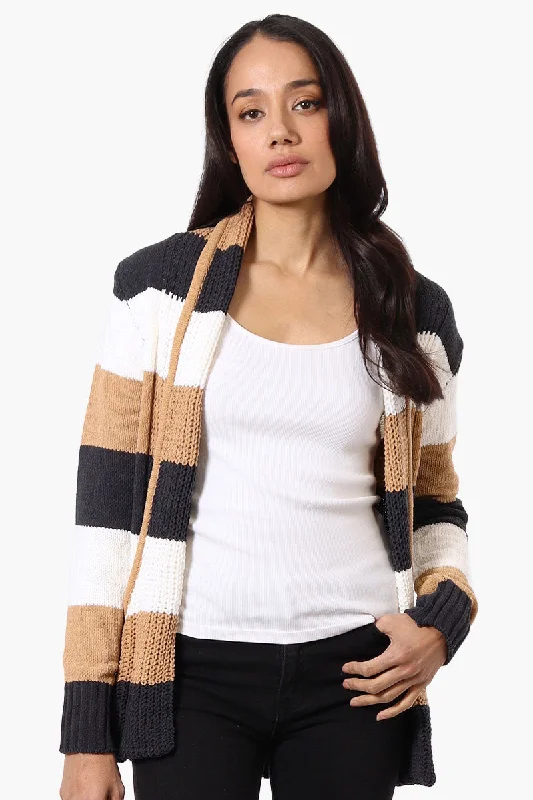 Beechers Brook Striped Fold Over Wrap Cardigan - Beige