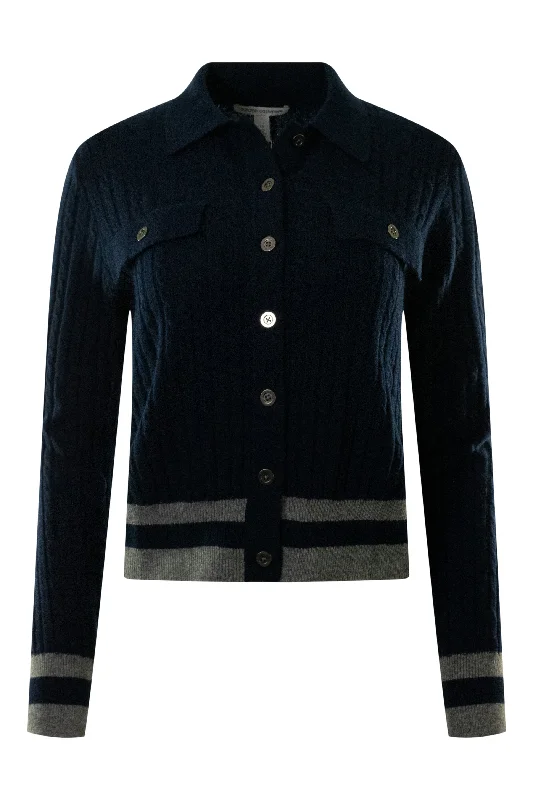 Autumn Cashmere Collared Cabled Cardigan in Navy Combo