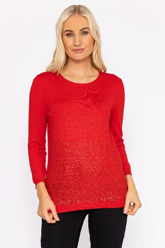 Sequin Crew Neck 3/4 Sleeve Knit in Red