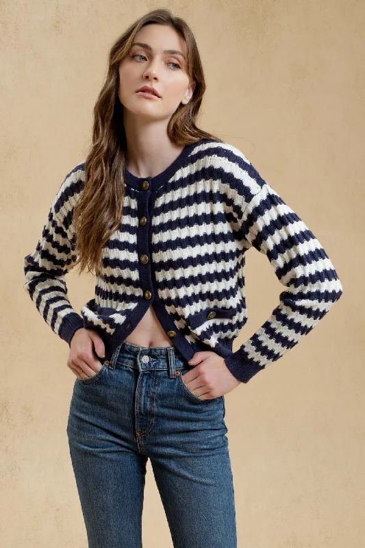 STRIPE CREW NECK KNIT CARDIGAN