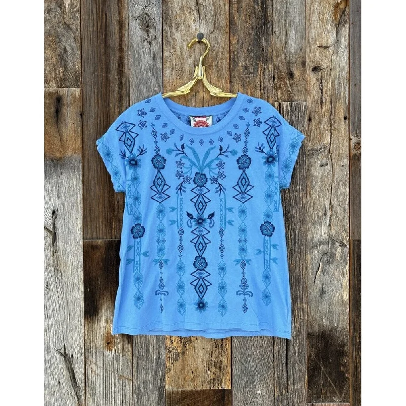 Johnny Was Women's Relaxed Tee Taria Azure Blue Short Sleeve Embroidered T-Shirt