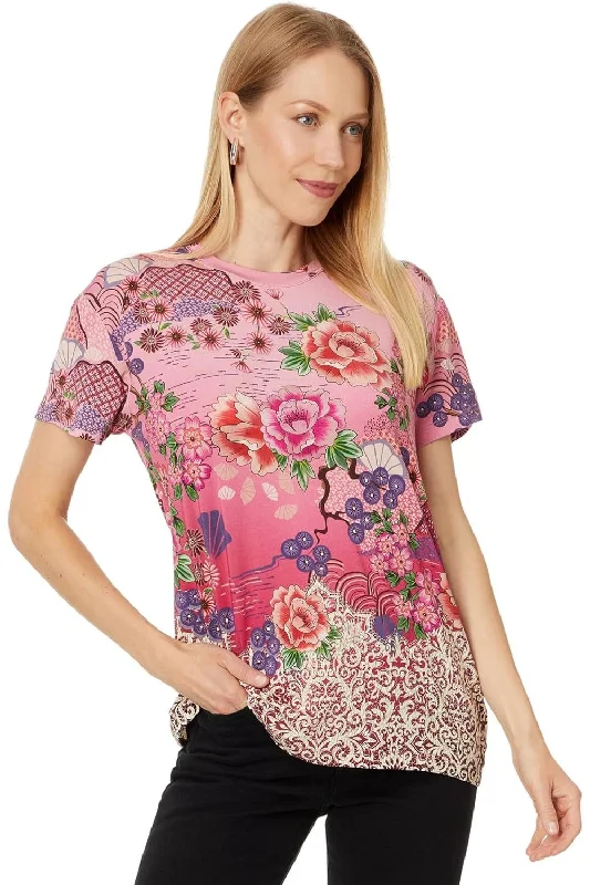 Johnny Was Women's Loose Fit Tee-Pink Lace Short Sleeve T-Shirt