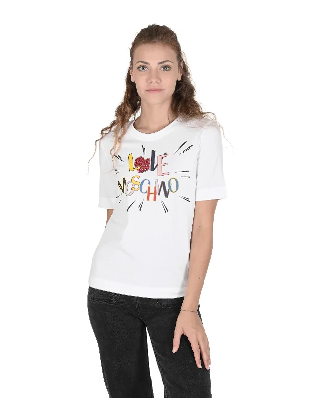 Love Moschino  Women's White Cotton T-Shirt with Colorful  Print