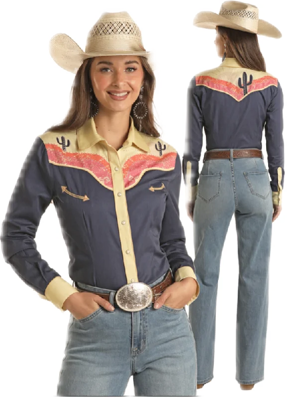 Panhandle - Ladies Blue and Yellow Embroidered Long Sleeve Shirt