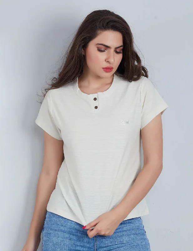 Women Plain Regular Wear T-Shirts- Off White